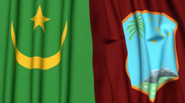 Gerçekçi kumaş dokusuna sahip Mauritania ve Batı Hint Adaları bayrakları