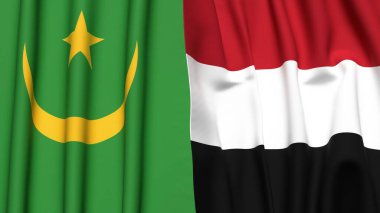 Gerçekçi kumaş dokusuna sahip MAURITANIA ve YEMEN bayrakları