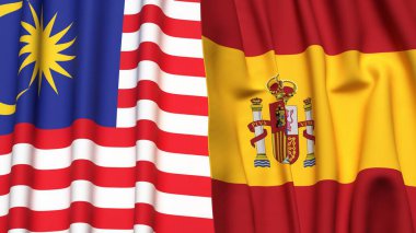 Gerçekçi kumaş dokusuna sahip Malezya ve İspanya bayrakları