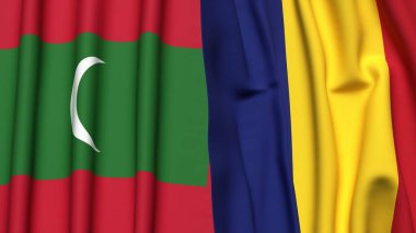 MALDIVES ve ROMANIA bayrakları gerçekçi kumaş dokusuna sahip