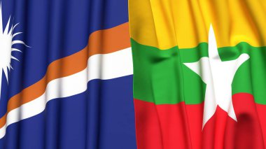 Marshall Adaları ve Myanmar 'ın gerçekçi kumaş dokusuyla bayrakları