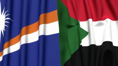 Marshall Adaları bayrakları ve gerçekçi kumaş dokusuna sahip Sudan bayrakları