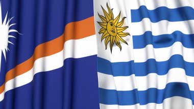 Marshall Adaları ve Uruguay 'ın gerçekçi kumaş dokusuyla bayrakları