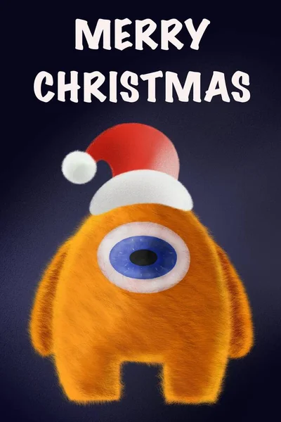 cute and funny orange cartoon character with one eye wearing Santa Claus hat