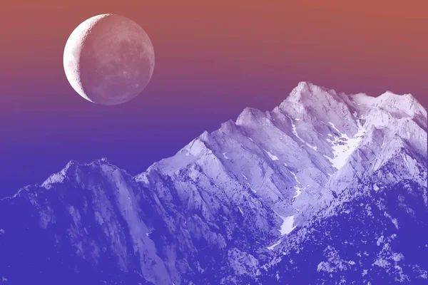 3d rendered illustration of the moon over the mountains. Graphic background