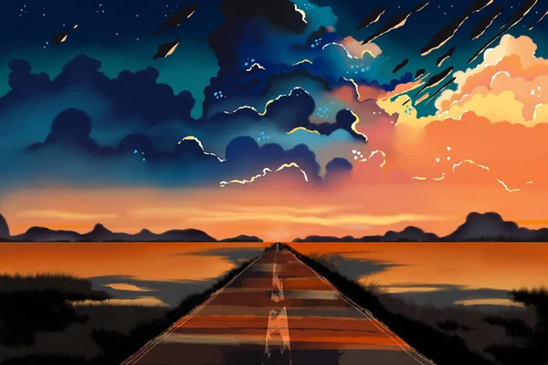Красивое Закатное Небо Облаками Природой Туристическим Фоном Акварель — стоковое фото