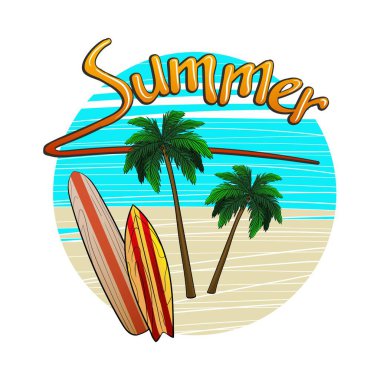 Bir dairenin içinde iki eskiz tahtası ve hindistan cevizi ağacı olan plaj resmi, ekran yazdırma tişörtleri, ekran baskı çantaları, afişler, logolar için uygun.