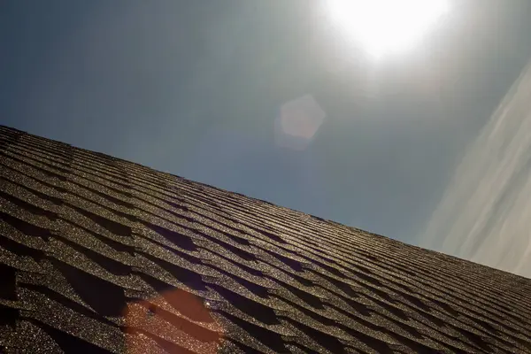 Açık bir gökyüzü ve parlak bir güneş çatıyı aydınlatıyor, desenli kiremitler üzerinde karmaşık gölgeler bırakıyor. Lens patlamaları bu minimalist kompozisyona dinamik bir dokunuş ekler.