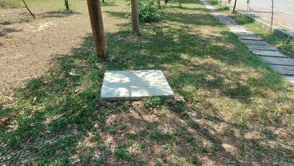 Beton kaplama, ağaçların altındaki çimenli bir alanda bulunan ve doğal ortama karışarak yerin altına güvenli bir giriş sağlayan rögar kapağını kapatır.