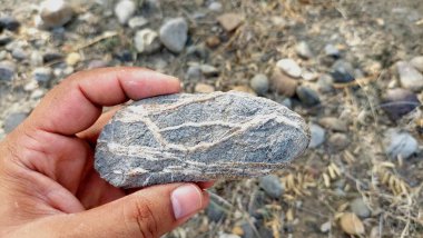 Karmaşık doğal desenlere, çizgilere, noktalara ve belirgin jeolojik oluşumunu vurgulayan çarpıcı renklere sahip eşsiz şekilli bir taş.
