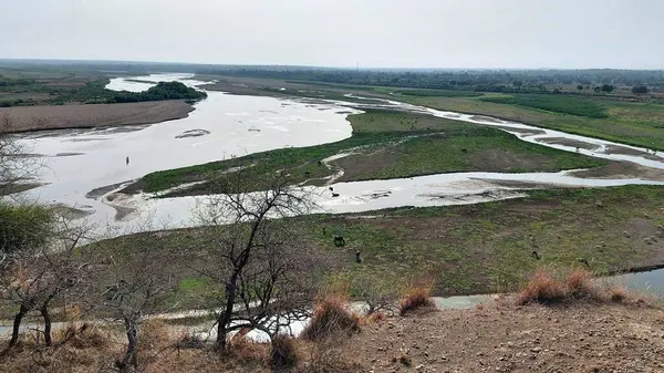 Punjab 'daki Sawan Nehri' nin güzel bir manzarası, etrafını çevreleyen tepeleri çevreleyen yemyeşil bitkiler ve çalılarla birden fazla kanaldan akan, huzurlu doğal bir manzara yaratıyor.