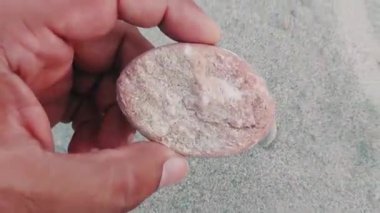 Karmaşık doğal desenlere, çizgilere, noktalara ve belirgin jeolojik oluşumunu vurgulayan çarpıcı renklere sahip eşsiz şekilli bir taş.
