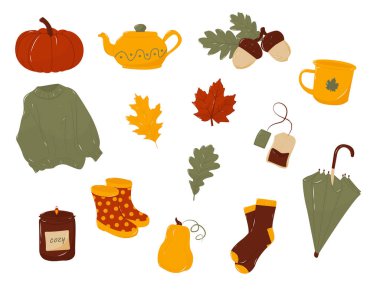 Farklı renkte balkabakları, rahat sonbahar kıyafetleri, yaprakları, şemsiyesi, botları, sıcak içecekleri ve bulaşıkları olan sonbahar seti. Beyaz arka planda izole edilmiş. EPS 10