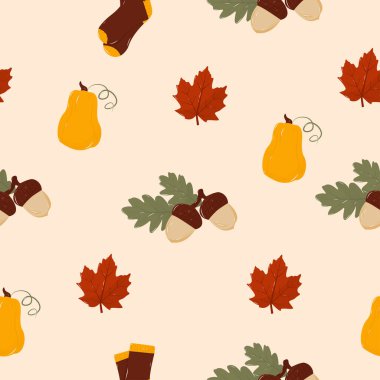 Balkabağı, meşe palamudu, çorap ve sonbahar yapraklarıyla kusursuz desen. Sonbahar deseni. Ürün tasarımı, duvar kağıdı, hatıra defteri için mükemmel. EPS 10