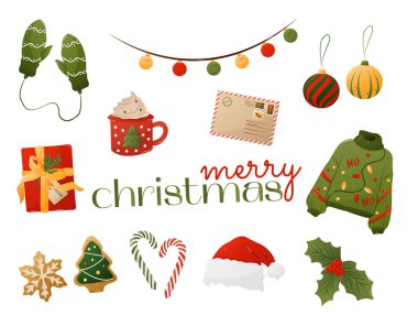 Noel tatili eşyaları ayarlandı. Güzel bir Noel ve yeni yıl seti. Kart, kartpostal ve kapak için izole çizimler. EPS 10 