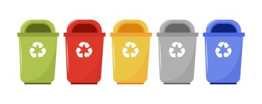 Set of containers with sorted garbage. Waste segregation. Sorting garbage by material and type in colored trash cans. Isolated illustration EPS 10  clipart