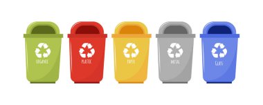 Çöplerle dolu bir konteyner seti. Ayrımcılık. Farklı çöp türleri: organik, metal, plastik, kağıt ve cam. Ayrı illüstrasyon EPS 10 