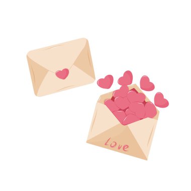 Sevgililer Günü için yazılmış bir aşk mektubu. İçinde kırmızı kalpler olan açık bir zarf. Romantizm, aşk kavramı. Poster, afiş, reklam, davetiye ve kapak için izole bir illüstrasyon. EPS 1