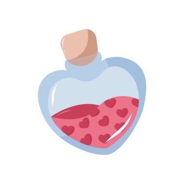 Aşk iksiri. Sevgililer Günü için dekorasyon malzemesi. Romantizm, aşk kavramı. Poster, afiş, reklam, davetiye ve kapak için izole bir illüstrasyon. EPS 10