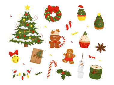 Noel ve Yeni Yıl 'da mevsimsel elementler toplanır. Kart, kartpostal ve kapak için beyaz bir zemin ayırdım. EPS 10