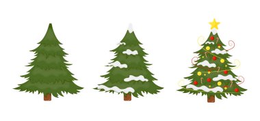 Karda süslenmiş Noel ağacı, süslemelerle. Yeşil pofuduk noel çamı. Kart, kartpostal ve kapak için beyaz bir zemin ayırdım. EPS 10