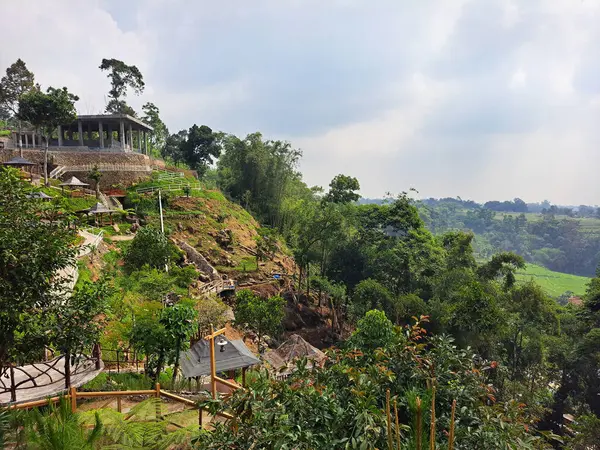 stock image Beautiful landscape of mountain valley highlands, a tropical paradise of healing places, greeneries, jungles, pine trees, rice terraces, slopes, with cloudy mountain and fog at the distant background