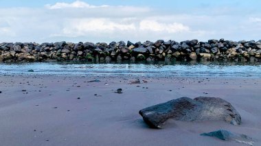 Deniz anakayası ve karanlık kumla güzel bir sahil manzarası. Arka planda dağ manzarası, bulutlu ve güneşli gökyüzü. Koyu tortu deniz kıyıları ve berrak su..