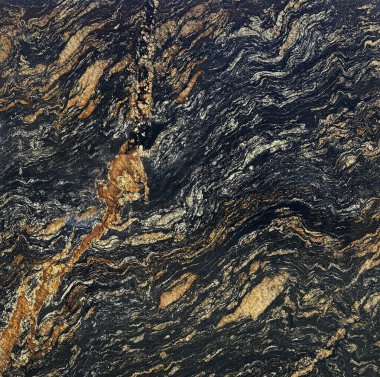 Magma altından, dikişsiz mermer dokunun yakın motifi. Ya da benzer bir Black Taurus doğal graniti deseni. Siyah, altın turuncu damarları ve beyaz rengi olan kusursuz bir doku..