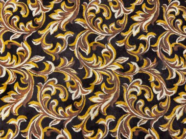 Klasik Avrupai el halısı, altın rengi bakır, koyu kahverengi ve siyah renkli kabartma deseni. Halı döşeme, halı döşeme, özel döşenmiş halı döşeme.