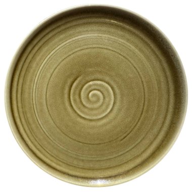 Beyaz arka planda izole edilmiş sarmal desenli porselen kaplı yeşil plaka..