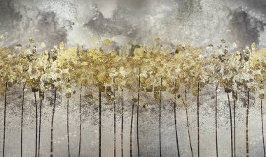 Altın yapraklı ve bulutlu arka planı olan soyut sulu ağaçlar. Altın ağaçlar. Tabloda kusursuz boya, yağlı boya ve suluboya..