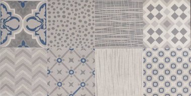 Rastgele desenli koloni ya da kalıtsal fayanslar basılmış ve porselen fayansların üzerine boyanmış. Geometrik şekiller, bağbozumu, semboller. Şablon ve şekillerin karışımı. Mavi ve gri renk şeması.