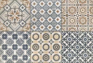 Soyut desenli dekoratif desenli fayanslar ve batik desenler, sömürgeci modern miras fayansları. Geometrik, süslemeli ve çiçek desenli fayanslar..