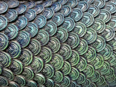 Ejderha derisinin pürüzsüz desenini mavi, yeşil, toska tonlarında ve mor renk gradyanında inanılmaz detaylarla kapat. Çin ejderhası derisi dokusu. Makro fotoğrafçılık.