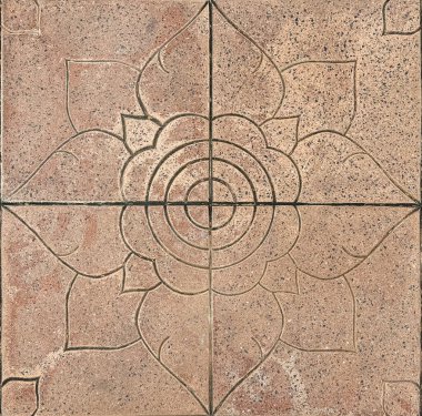 Tayland tapınaklarındaki döşeme işleri için dört kare karoya bölünmüş otantik etnik Tayland çiçek deseninin yakın fotoğrafını çek. Kusursuz doku.