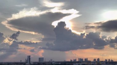 4K Şehri Panoramik Video. Gün batımının muhteşem manzarası mavi gökyüzü renklerinin güzel kombinasyonu, kor güneş ışıkları, ve şehrin üzerinde gökdelenleri gösteren birkaç eşsiz yüzen bulut..