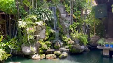 Su koi balığı göletinin doğal taşlı görüntüsü bir şelale uçurumu oluşturuyor. Şelale görüntüsü, koi havuzuna doğru akan bir bahçeden akan su, bazı bitkilerle birlikte. Doğal bahçe, güneşli güneş ışığı.