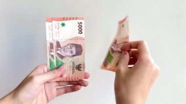 Endonezya Rupia 'sının Rp5.000.000' deki el ve parmak sayımının 4K görüntüsü. Beyaz duvar arkaplanındaki IDR 5K banknotlarını sayan eller.