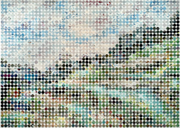Красочная иллюстрация горного пейзажа, долины и неба, напечатанная на небольших круглых точках. Эти круглые точки расположены параллельно, как головоломка и напечатаны иллюстрации, чтобы сформировать экранированное изображение.