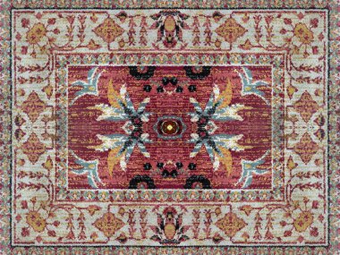 Close up of classic middle eastern Arabic and morroccan carpet rug texture. Seen here the floral swirls pattern with engraved ornamental medallion in the center. In red, white, and gold color. clipart