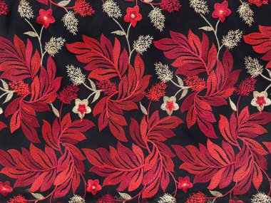 Kırmızı yapraklı 3D kumaş ve çiçek desenli, altın rengi dallı ve taç yapraklı. Kırmızı ve altın rastgele çiçek ve yaprak temalı. Kusursuz arkaplan dokusu.