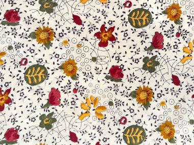 Kırmızı güller ve yapraklarla çeşitli papatya çiçeklerinin rastgele desenleri. Çiçek desenli duvar kağıdı ya da kumaş ve beyaz arka planda girdap deseni. Kusursuz arkaplan dokusu.