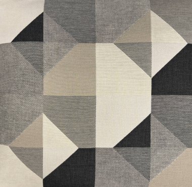 Rastgele elmas ve altıgen geometrik desenlerle, toprak ve grunge dokusuyla dokuyu kapat. Kahverengi, beyaz, bej ve gri renkte. halı, halı ya da kumaşsız arkaplan dokusu için.