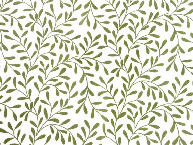 Beyaz arka planda yeşil yapraklı ve dallı kumaş. Kusursuz arkaplan dokusu.
