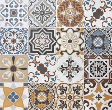 Rastgele çiçek, yıldız, süsleme, oyma ve diğer soyut desenlerdeki sömürge kalıpları. El yapımı koloni fayansları, ya da çeşitli renklerde eski kalıtsal fayanslar. Kusursuz doku.