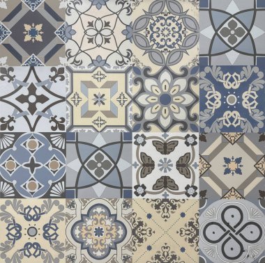 Rastgele çiçek, yıldız, süsleme, oyma ve diğer soyut desenlerdeki sömürge kalıpları. El yapımı koloni fayansları, ya da çeşitli renklerde eski kalıtsal fayanslar. Kusursuz doku.