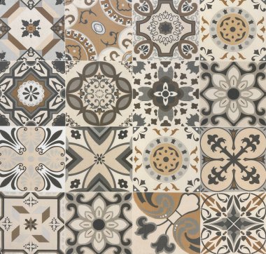 Rastgele çiçek, yıldız, süsleme, oyma ve diğer soyut desenlerdeki sömürge kalıpları. El yapımı koloni fayansları, ya da çeşitli renklerde eski kalıtsal fayanslar. Kusursuz doku.