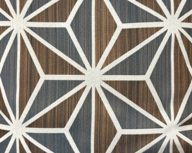 Dekoratif kumaşı soyut rastgele geometrik yıldız deseniyle kapatın, mavi, beyaz ve kahverengi turuncu renkte. Döşeme ve duvar kağıdı için uygun. Kusursuz geometrik arkaplan dokusu.