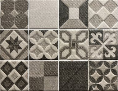 Rastgele klasik geometrik çiçek, yıldız ve süs desenli koloni kalıpları. El yapımı koloni fayansları ya da siyah, gri ve kahverengi renkli eski miras kiremitleri. Kusursuz doku.