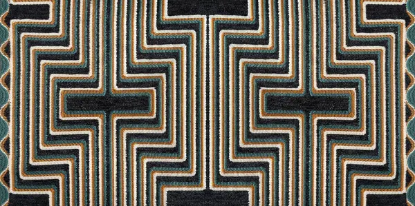 Dekoratif kumaşın soyut doğrusal desenini koyu mavi ve bej beyaz renkle kapat. Optik illüzyon etkisi yaratıyor. Üç boyutlu geometrik desenli kumaş. Kusursuz arkaplan dokusu